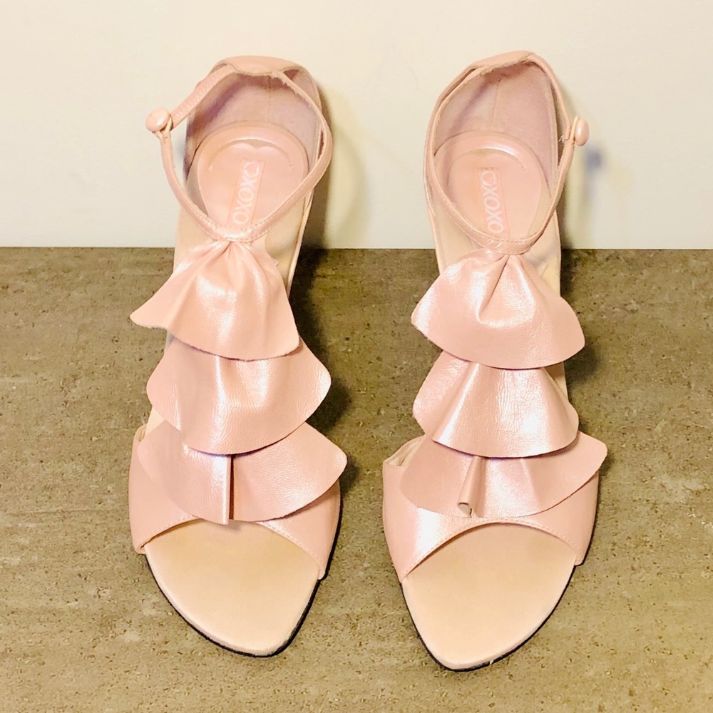 XOXO Daniella Pink Iridescent Leather Ruffle Heel